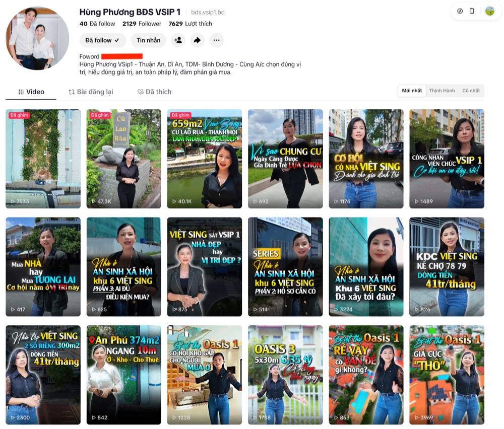 Kênh TikTok Hùng Phương BĐS VSIP 1 - 3.5K follower